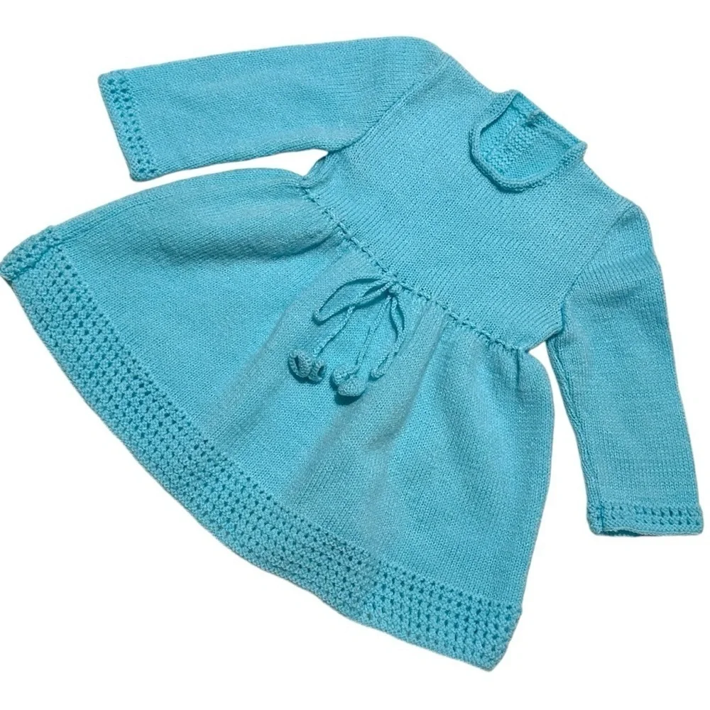 Hand-Knitted Baby Dress | Aqua Blue Long Sleeve Sweater Dress 6-12 Months